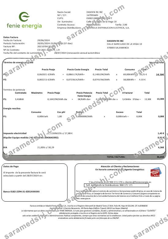 Spain Feníe Energía business utility bill template in Word and PDF formats